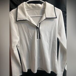 White Long Sleeve Collared Top with Black Trim